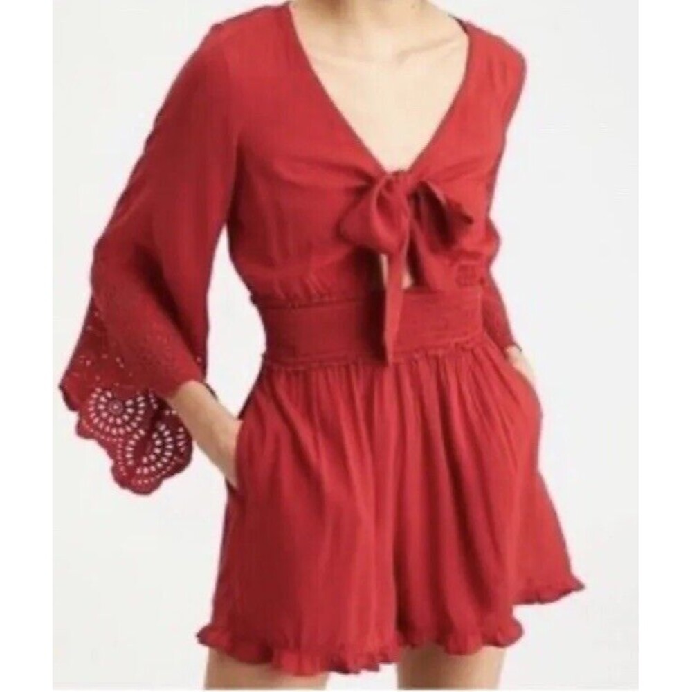 American Eagle Red Tie Front Bell Sleeve Romper Women’s Size Small